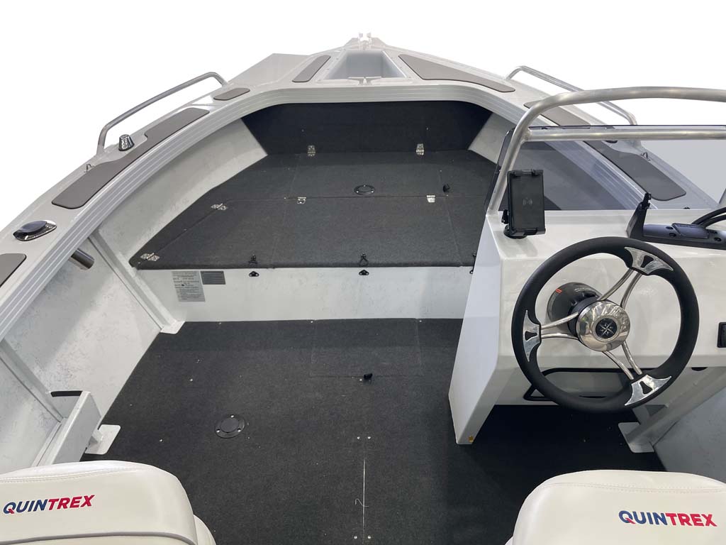 Comfortable seating and plenty of storage space in a Quintrex fishing boat